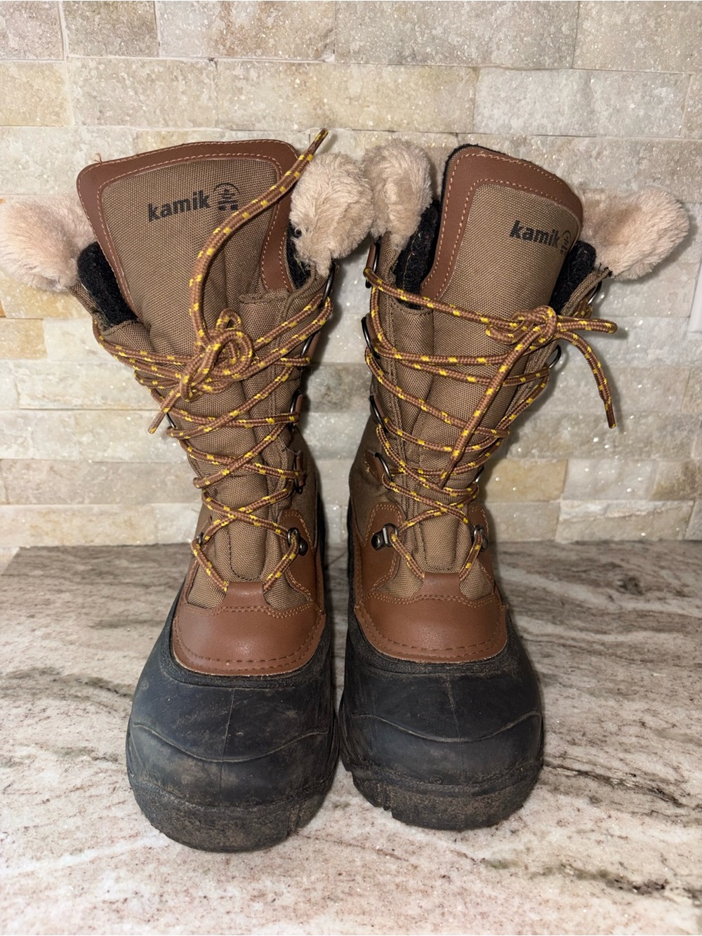 Kamik Women's Brown & Black Lace-Up Insulated Winter Boots with Faux Fur Cuff